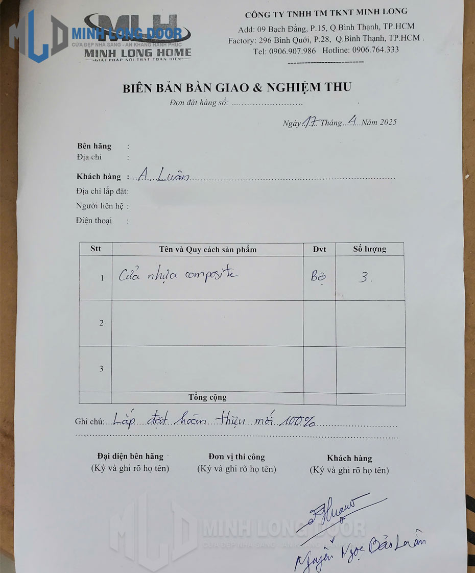 Biên bản bàn giao dự án cửa nhựa Composite nhà anh Luân